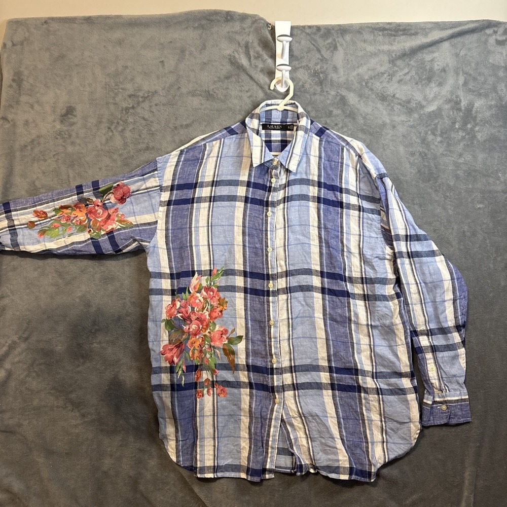 Lauren Ralph Lauren Blue Plaid Linen Floral Shirt Blouse XL Tall